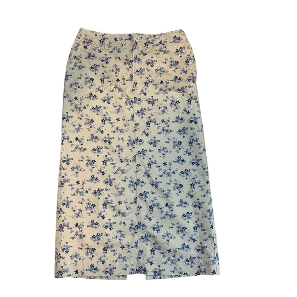 Eddie Bauer Cream Blue Floral Cotton Straight Chino Pencil Skirt Midi Prairie 8P